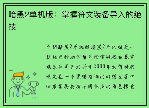 暗黑2单机版：掌握符文装备导入的绝技